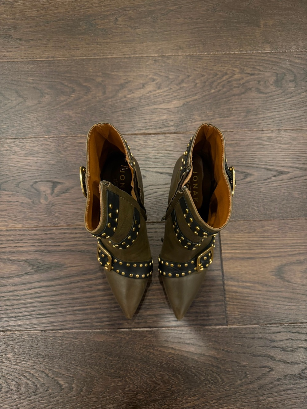 Studded Olive Green Pointed Ankle Boots with Buckle Detail